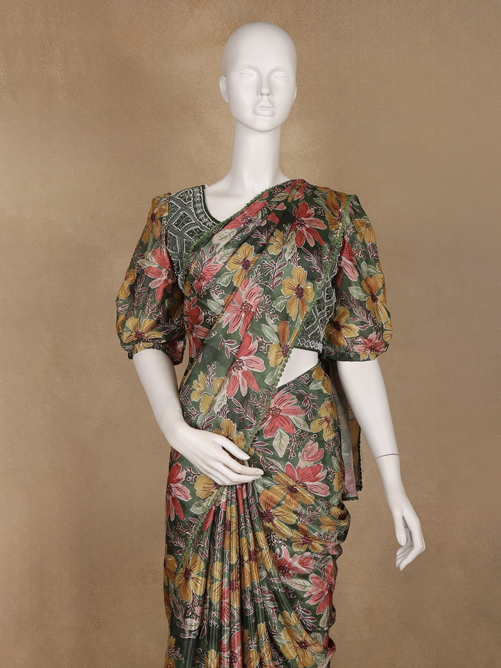 Olive Green Multicolor Floral Printed Synthetic Saree with Embroidered Blouse - Diadem