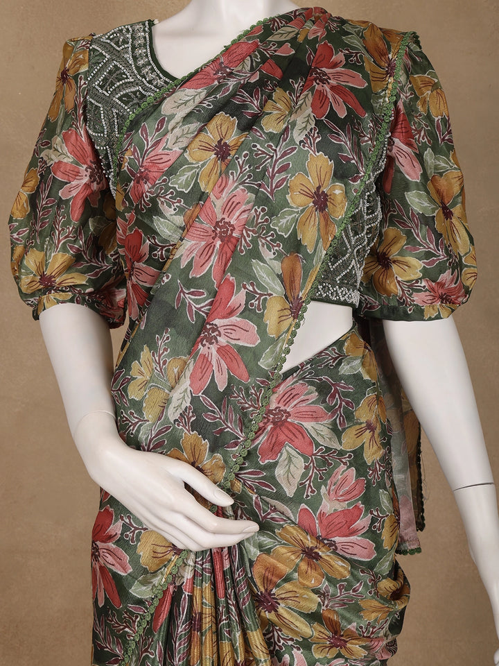 Olive Green Multicolor Floral Printed Synthetic Saree with Embroidered Blouse - Diadem
