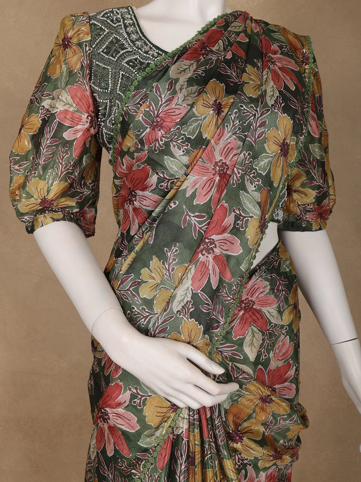 Olive Green Multicolor Floral Printed Synthetic Saree with Embroidered Blouse - Diadem