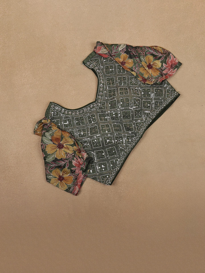 Olive Green Multicolor Floral Printed Synthetic Saree with Embroidered Blouse - Diadem
