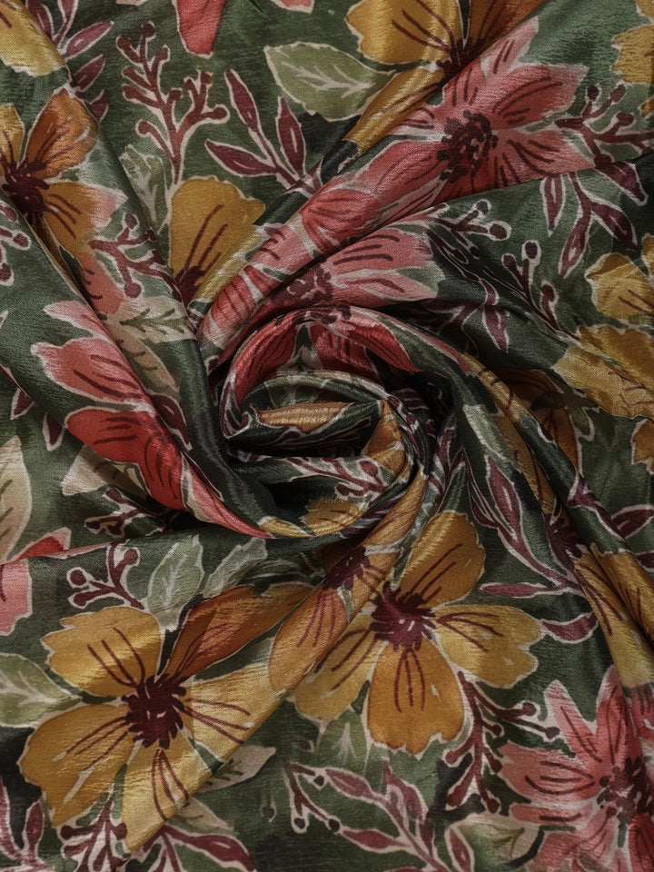 Olive Green Multicolor Floral Printed Synthetic Saree with Embroidered Blouse - Diadem