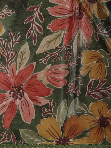 Olive Green Multicolor Floral Printed Synthetic Saree with Embroidered Blouse - Diadem