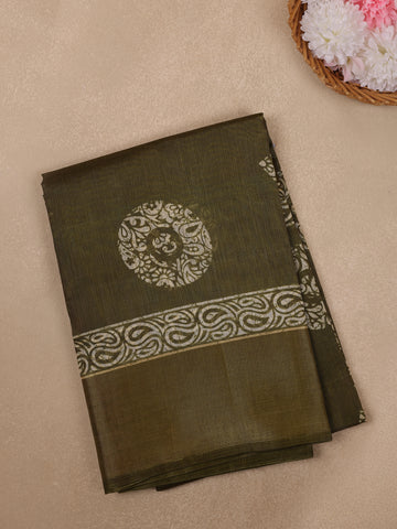 Olive Green Paisley Circle Motif Printed Cotton Saree - Diadem