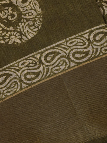 Olive Green Paisley Circle Motif Printed Cotton Saree - Diadem
