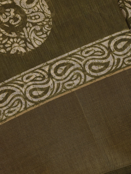 Olive Green Paisley Circle Motif Printed Cotton Saree - Diadem