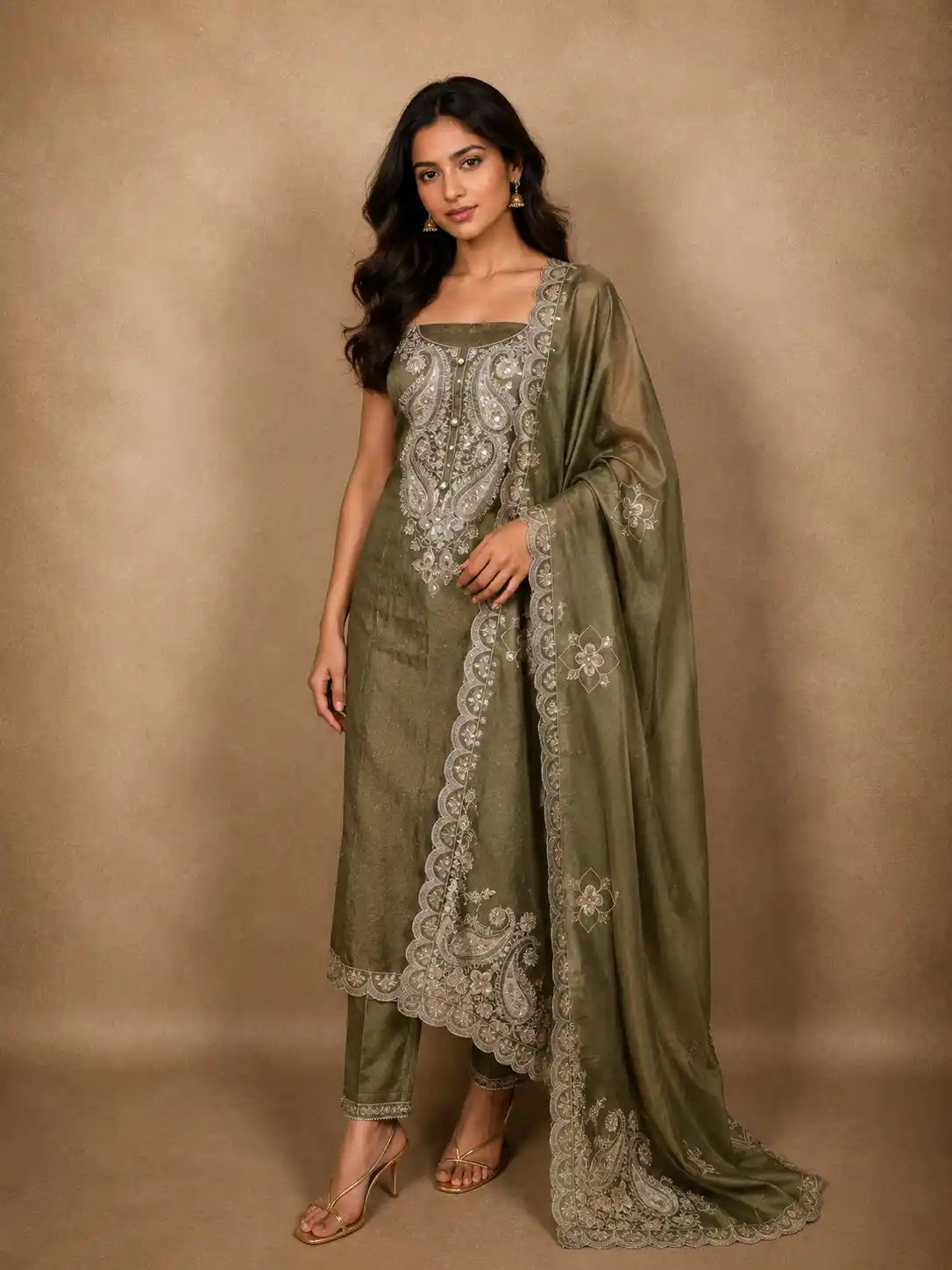 Olive Green Paisley Sequins Embroidered Design Tissue Silk Unstitched Salwar Material with Dupatta