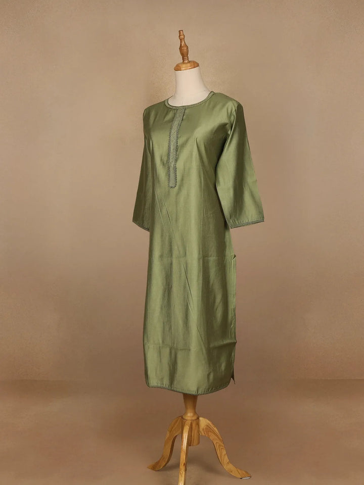 Olive Green Plain Cotton Rayon Kurti - Diadem