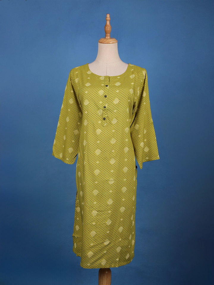 Olive Green Printed Cotton Kurti - Diadem