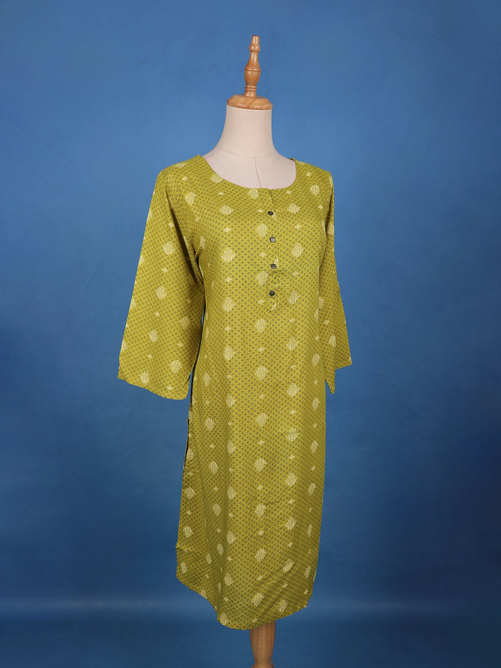 Olive Green Printed Cotton Kurti - Diadem