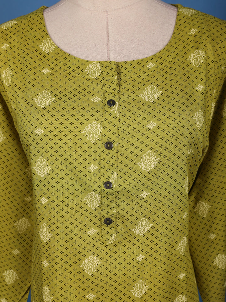 Olive Green Printed Cotton Kurti - Diadem