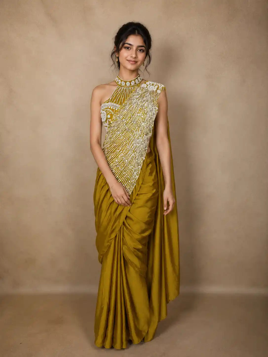 Olive Green Sequins and Beads Embroidered Design Georgette Ready To Wear Saree with Designer Blouse