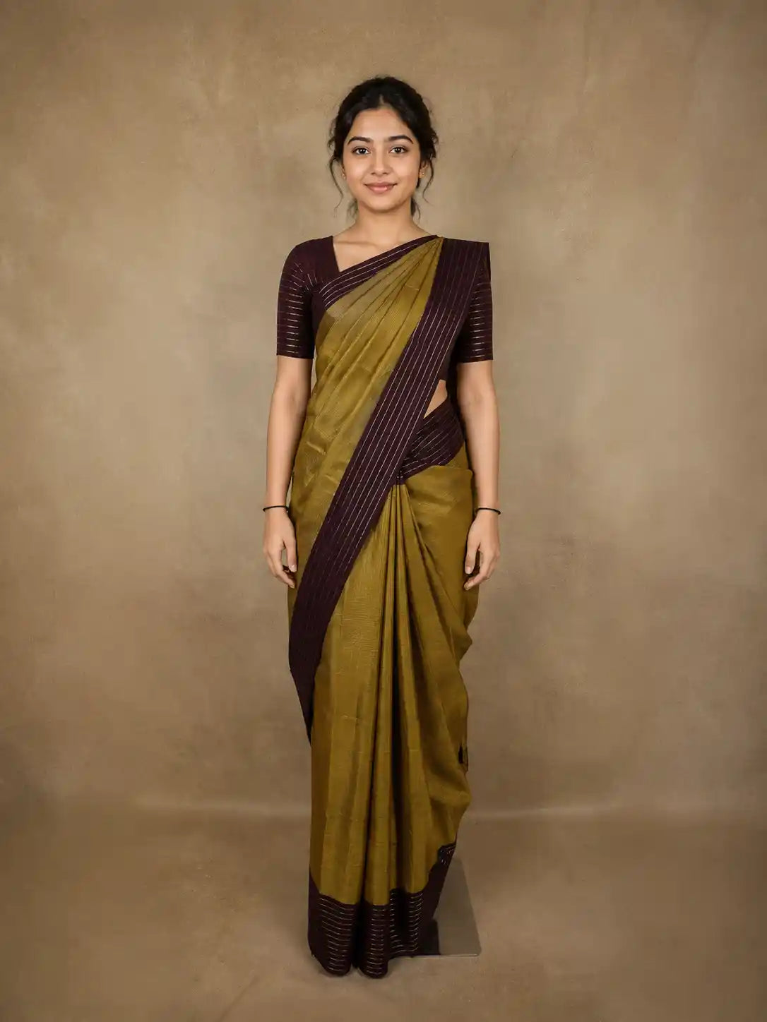 Olive Green Striped Zari Woven Design Pure Kanchipuram Silk Saree with Contrast Zari Border