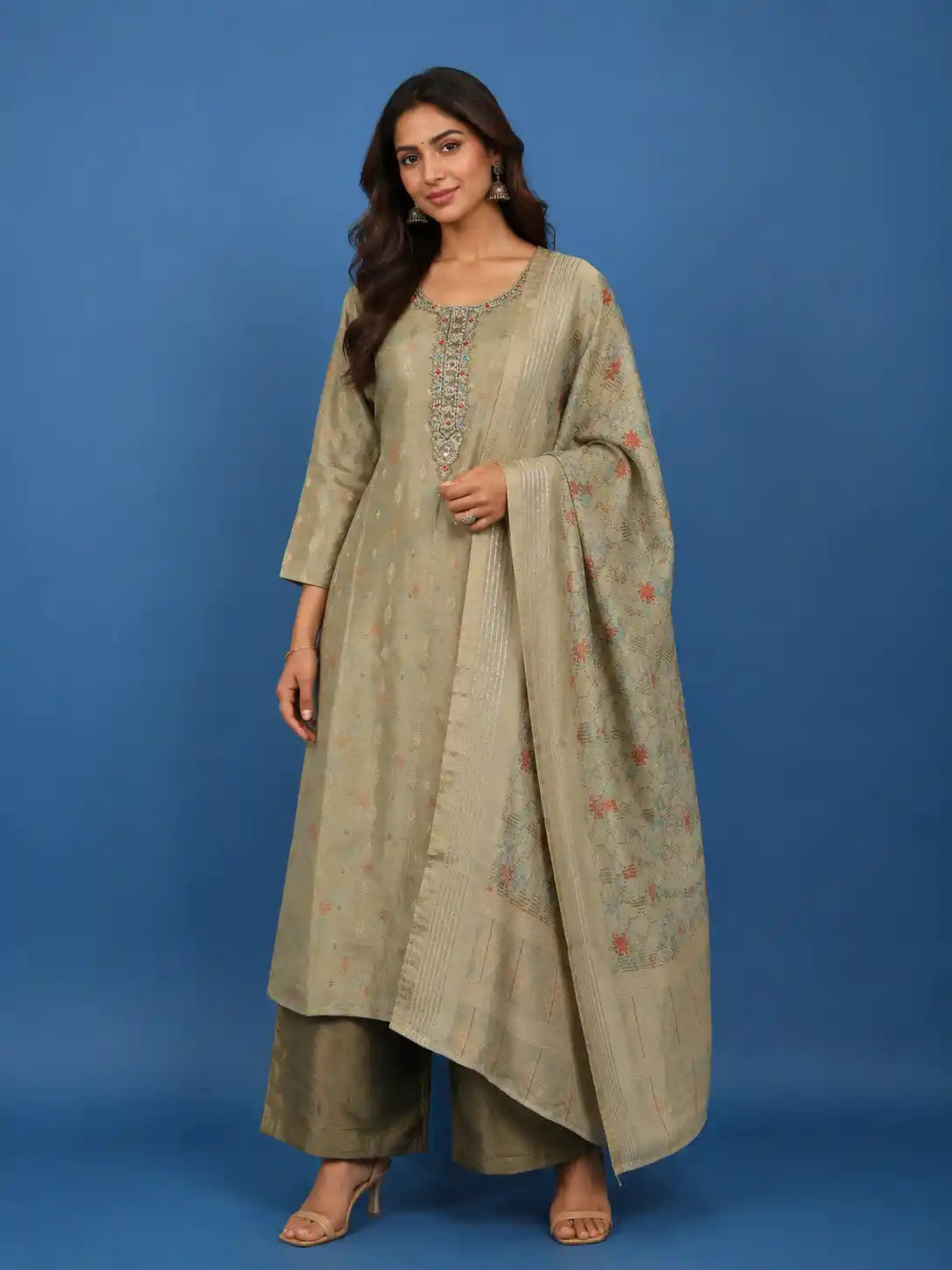 Olive Grey Embroidered Tussar Silk Straight Cut Salwar Suit With Woven Dupatta