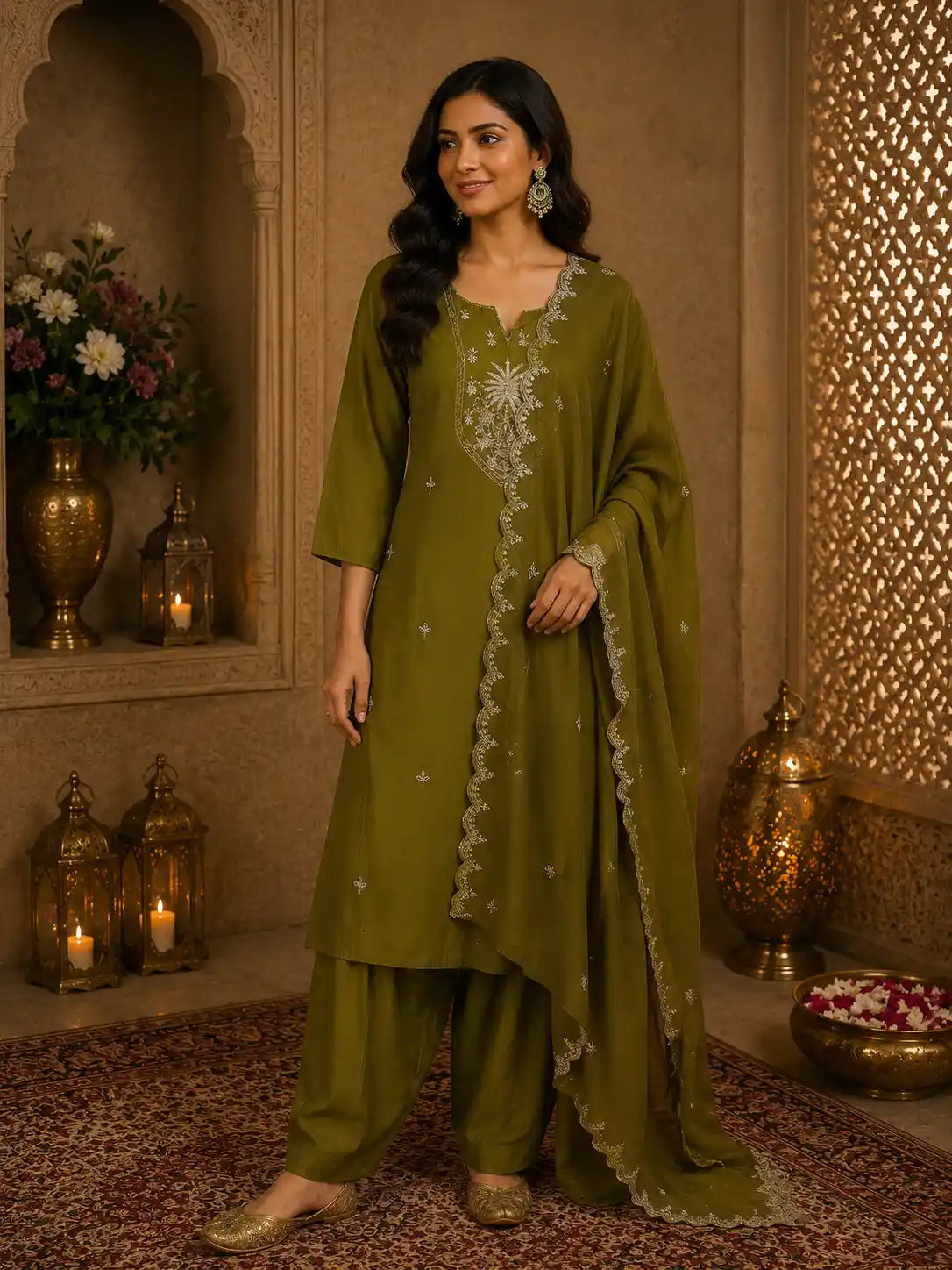 Olive Moss Green Floral Beads Embroidered Design Cotton Palazzo Suit with Dupatta