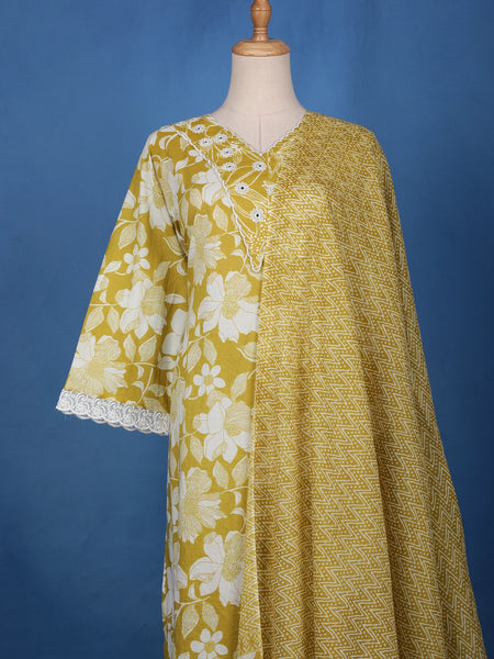 Olive Mustard Yellow Floral Design Printed Cotton Salwar Suit - Diadem
