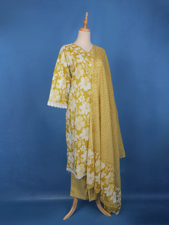 Olive Mustard Yellow Floral Design Printed Cotton Salwar Suit - Diadem