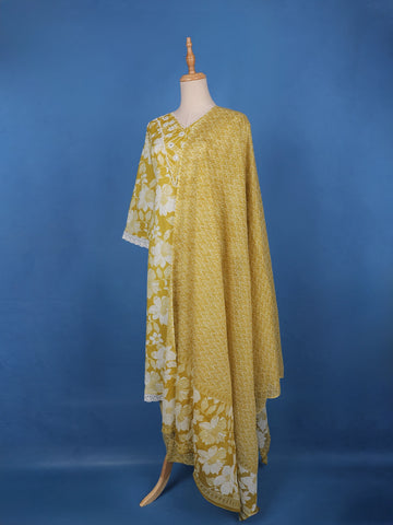Olive Mustard Yellow Floral Design Printed Cotton Salwar Suit - Diadem