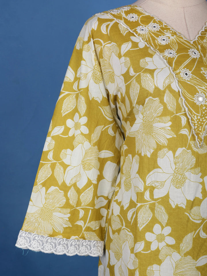 Olive Mustard Yellow Floral Design Printed Cotton Salwar Suit - Diadem