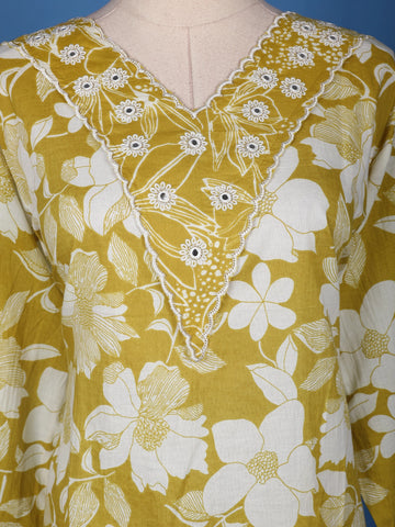 Olive Mustard Yellow Floral Design Printed Cotton Salwar Suit - Diadem