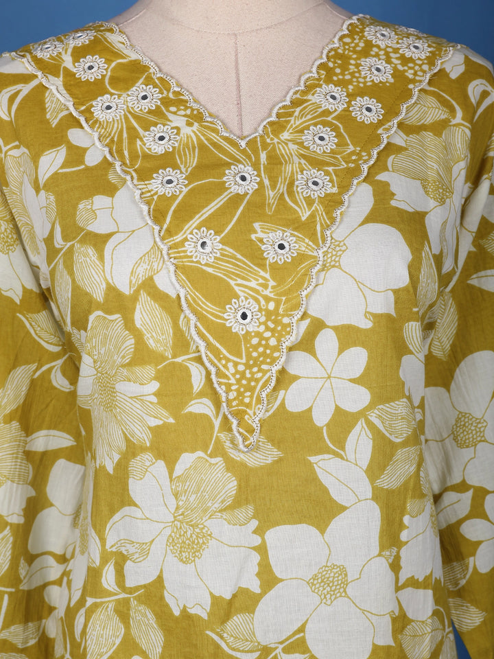 Olive Mustard Yellow Floral Design Printed Cotton Salwar Suit - Diadem