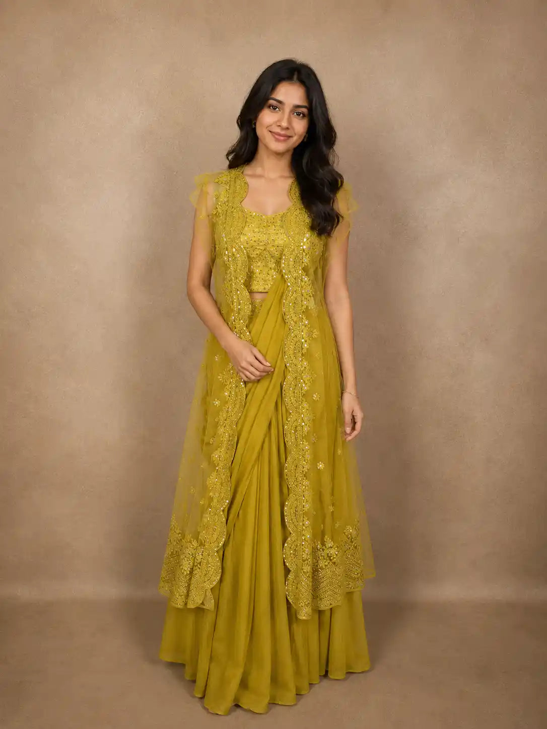 Olive Mustard Yellow Thread Embroidered Design Net Ready To Wear Saree With Over Coat