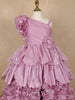 Onion Pink 3D Floral Layered One-Shoulder Satin Kids Gown