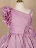 Onion Pink 3D Floral Layered One-Shoulder Satin Kids Gown