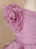 Onion Pink 3D Floral Layered One-Shoulder Satin Kids Gown
