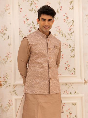 Onion Pink Embroidered Cotton Kurta For Men - Diadem