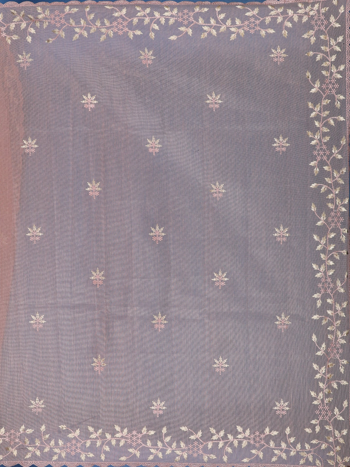 Onion Pink Floral Embroidered Semi Tissue Saree - Diadem