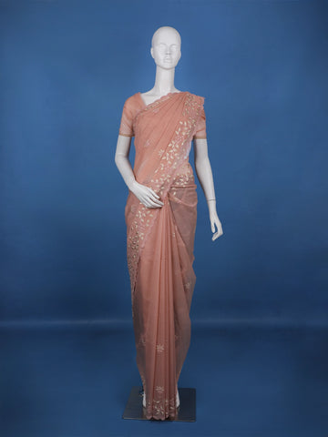 Onion Pink Floral Embroidered Semi Tissue Saree - Diadem
