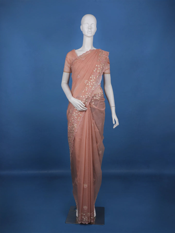 Onion Pink Floral Embroidered Semi Tissue Saree - Diadem