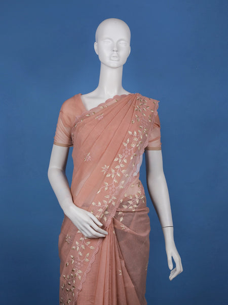 Onion Pink Floral Embroidered Semi Tissue Saree - Diadem