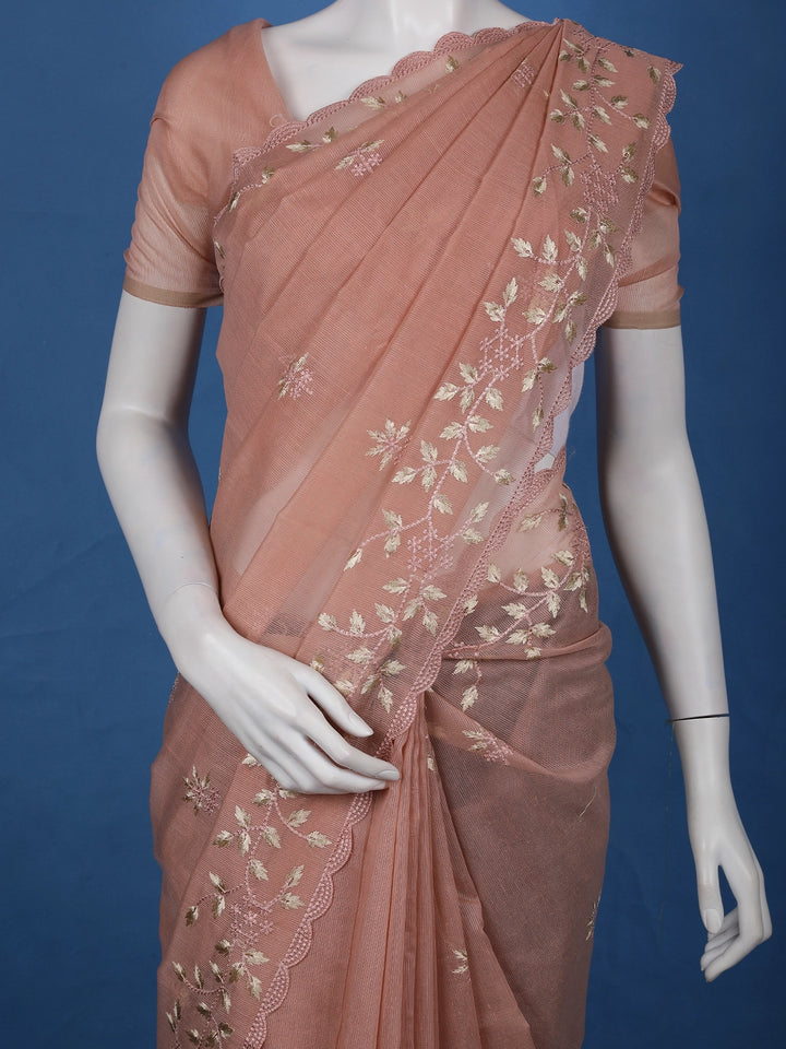 Onion Pink Floral Embroidered Semi Tissue Saree - Diadem