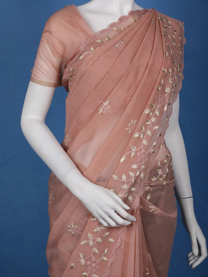 Onion Pink Floral Embroidered Semi Tissue Saree - Diadem