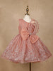 Onion Pink Floral Glitter Design Party Wear Net Frock With Oversized Bow