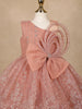 Onion Pink Floral Glitter Design Party Wear Net Frock With Oversized Bow