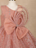 Onion Pink Floral Glitter Design Party Wear Net Frock With Oversized Bow