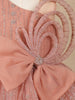 Onion Pink Floral Glitter Design Party Wear Net Frock With Oversized Bow