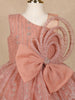Onion Pink Floral Glitter Design Party Wear Net Frock With Oversized Bow