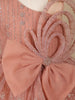 Onion Pink Floral Glitter Design Party Wear Net Frock With Oversized Bow