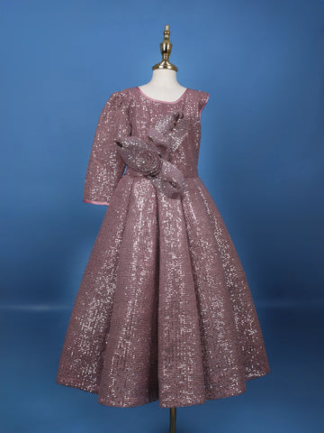 Onion Pink Sequins Design Kids Net Gown - Diadem