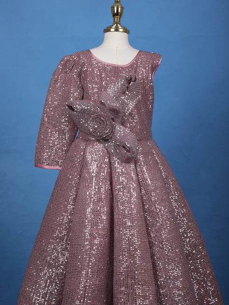 Onion Pink Sequins Design Kids Net Gown - Diadem