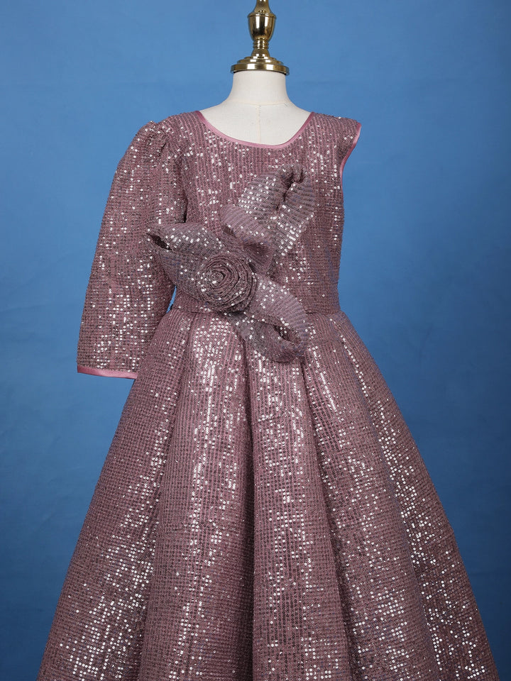 Onion Pink Sequins Design Kids Net Gown - Diadem