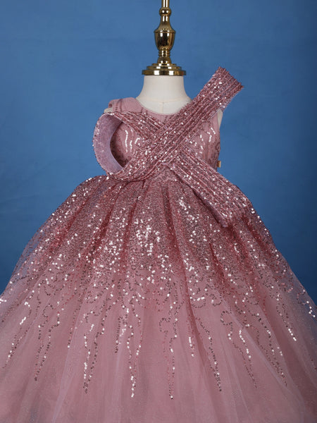 Onion Pink Sequins Design Kids Net Gown - Diadem