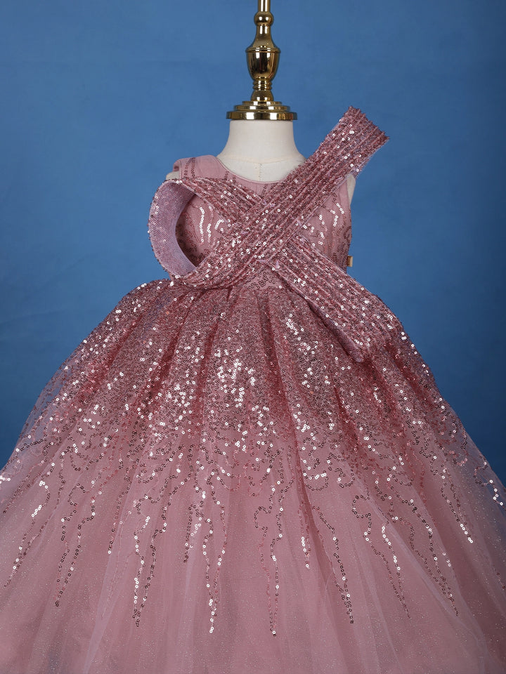 Onion Pink Sequins Design Kids Net Gown - Diadem