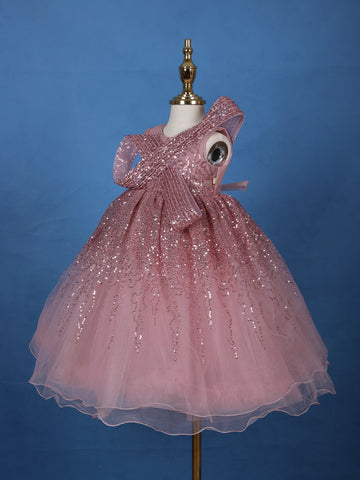 Onion Pink Sequins Design Kids Net Gown - Diadem