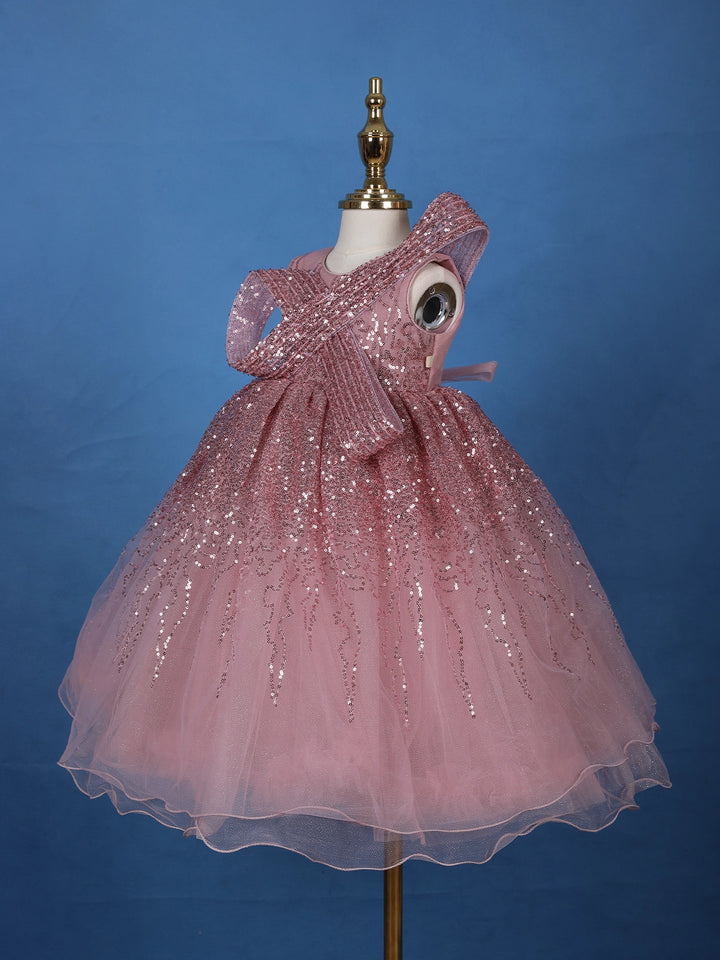 Onion Pink Sequins Design Kids Net Gown - Diadem