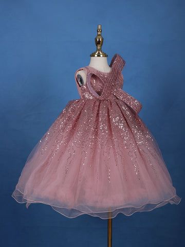 Onion Pink Sequins Design Kids Net Gown - Diadem