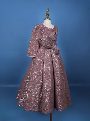 Onion Pink Sequins Design Kids Net Gown - Diadem